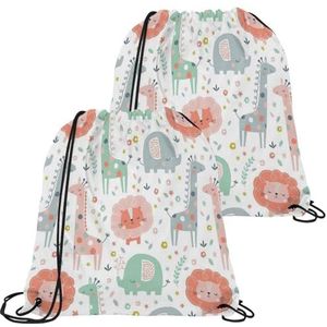 VAPOKF 2 STKS Trekkoord Tassen, PE Gym Bag, Grote String Zwem Trainer Tas Gepersonaliseerde Trekkoord Tas voor School Gym Sport Reizen, Cartoon Giraffe Kat Olifant Zoo, Meerkleurig,