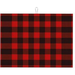 Plaid rood en zwart bedrukt, afwasmatten, absorberende afdruiprek mat voor aanrecht gootsteen mat droogpad 41 x 46 cm