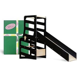 Weco Montessori Kinder-leertoren 3-in-1 strependesign met glijbaan bureau glijbaan Montessori meubels keukenhulp inklapbaar (zwart)