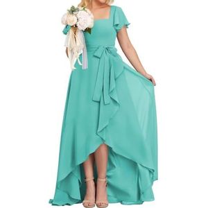 High-Low Prinses Bruidsmeisjesjurken Vierkante Hals Galajurk Chiffon Formele Avondfeestjurk met Mouwen, Turkoois, 58/Meer