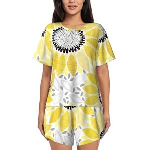 YQxwJL Abstracte Zonnebloemen Print Vrouwen Pyjama Sets Shorts Korte Mouw Lounge Sets Nachtkleding Casual Pjs Met Zakken, Zwart, L