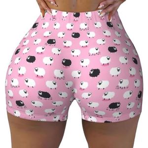 Unkhtt Witte Schapen Op Roze Achtergrond Print Workout Gym Korte Vrouwen Zomer Comfortabele Stretch Yoga Shorts Dagelijks Cacual Wear, Zwart, S