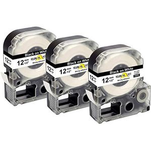 Yellow Yeti 3 stuks LC-4WBN LC-4WBN9 Zwart op Wit 12mm x 8m Standaard Label Tapes Compatibel met Epson LabelWorks LW-300 LW-300L LW-400 LW-500 LW-600P LW-700 LW-900P LW-1000P & KingJim Tepra Pro