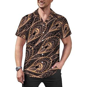 Luxe goud zwart pauw patroon heren casual button-down shirts korte mouw Cubaanse kraag T-shirts tops Hawaiiaanse T-shirt S