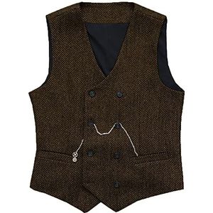 Heren Visgraat Vest met dubbele rij knopen Wollen Business Tweed gilet kleedt slank af(Large, Koffie)