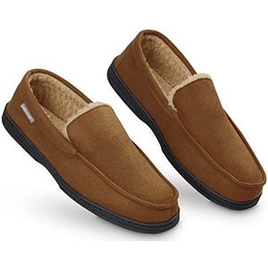 Dunlop Mocassins, slippers voor heren, nepbont, met rubberen zool en traagschuim, huisslippers, binnenschoenen, geschenk voor heren, Bruin, 46 EU