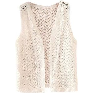Mouwloze Gebreide Vestvrouwen,Dames Gehaakt Vest Retro Donkergroen Holle Rimpel Mouwloos Open Voorkant Kort Vest Sjaal Vest Gebreid Boho Hippie Gilet Blouse Zomer Bikini Bedekken, Wit