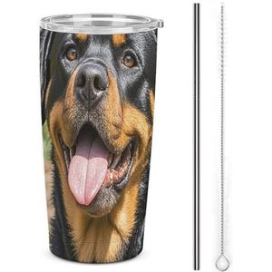 AQRJLPM Rottweiler hondentongkop, autobeker, roestvrijstalen beker met rietje en deksels, lekvrij, geïsoleerd, roestvrij staal, reisbeker, geschikt voor koude warme dranken op de camping