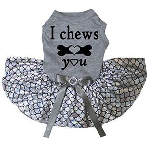 Petitebelle I Chews You Grey Shirt Bling zilveren vis schalen zeemeermin hond jurk (Medium)