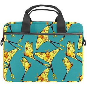 Geel Roze Flamingo Ananas Zwarte Laptop Schouder Messenger Bag Crossbody Aktetas Messenger Sleeve voor 13 13.3 14.5 Inch Laptop Tablet Beschermen Tote Bag Case, Geel Gratis Vliegende Vlinder Patroon Blauw, 11x14.5x1.2in /28x36.8x3 cm