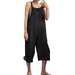 BANGHA Jumpsuits Voor Vrouwen Zomer Casual Effen Kleur Vrouwen Losse Katoen Linnen Jumpsuit Mouwloze Harem Overalls Jumpsuits Losse Vintage Broek Femme Kleding, Zwart, XXL