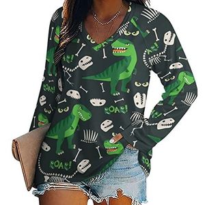 Rex And Dino Bones Roar Damesshirt met V-hals en lange mouwen, casual, losse pasvorm