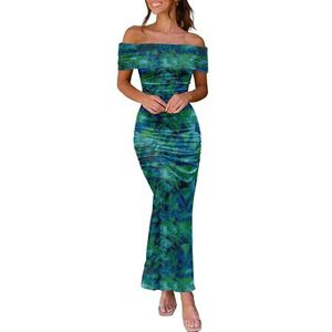Off-shoulder bloemenjurk for dames, elegante formele cocktailparty bodycon(Lake Green,XL)