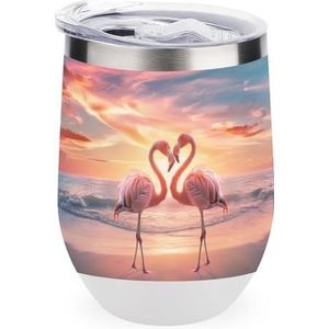 Flamingos Love 12oz wijnbeker met deksel roestvrijstalen beker dubbelwandige vacuüm geïsoleerde koffiemok