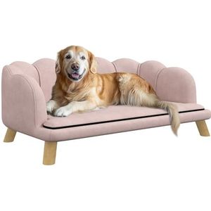 PawHut Hondensofa, hondenbank, wasbare overtrek, huisdierbank met rugleuning en houten poten, kattenbank, voor middelgrote honden onder 25 kg, roze