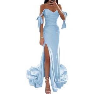 WSEYU Off Shoulder Satijn Bruidsmeisjes Jurken Zeemeermin Prom Jurk Corset Formele Avondjurk Hoge Split Bruiloft Gast Jurk, Lichtblauw, 52