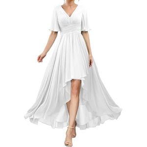 HPPEE Flutter Mouw V-hals Bruidsmeisjesjurken voor Vrouwen Geplooide A-lijn Chiffon Formele Avondjurk, Wit, 32