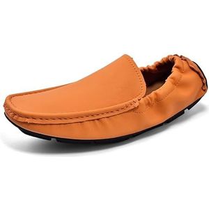 Comodish Men's Loafers Solid Color Apron Toe Driving Loafers Leather Lightweight Flexible Flat Heel Party Slip On (Color : Orange, Size : 40 EU)