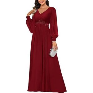 KIYNE Damesjurk met lange mouwen voor moeder van de bruid met kanten applicatie, V-hals, chiffon, formele feestjurk, Bordeaux, 32