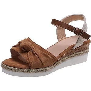 Dames Sandalen Plateau Sandalen Met Sleehak Open Teen Gesp Enkelbandje Espadrille Sandaal Strik Top Plateausandalen Comfortabele Ronde Neus Wandelschoenen,Bruin,US8/EU39