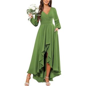 KURFACE Bruidsmeisjesjurken met lange mouwen voor vrouwen met zakken geplooide chiffon formele avondjurk feestjurk, Olijfgroen, 34