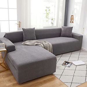 OKJK Bankhoes, L-vorm, waterdicht, elastisch, maïsfleece, zachte comfortabele stoffen, bankovertrek, moderne universele hoes voor woonkamer, bankhoes, onderhoudsvriendelijk, lichtgrijs, 4-zits,