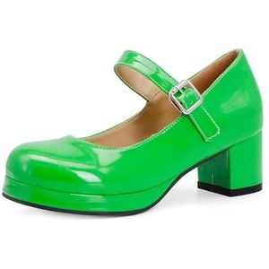 Elegante halfhoge hakken Lolita schoenen vrouwen riemen Mary Janes schoenen meisjes mode rood geel hakken pumps party dansschoenen damesschoenen, groen, 36 EU
