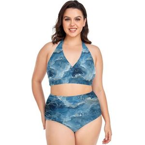 Blauwe Marmeren Steen Krassen Vrouwen Bikini Sets Plus Size Badpak Twee Stukken Hoge Taille Strandkleding Meisjes Badpakken, Pop Fashon, XXL