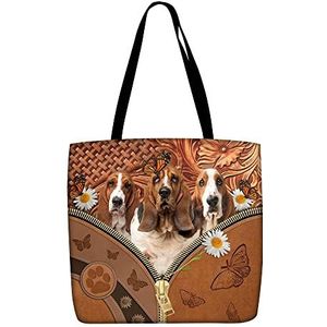 177 Hobo Schoudertas Leuke Basset Hound Honden Madeliefje Bloem Vlinder Lederen Patroon Schoudertas Lichtgewicht Zomer Tote Gepersonaliseerde Hobo Tassen Voor Vrouwen, School, Yoga, 15X50X40cm,