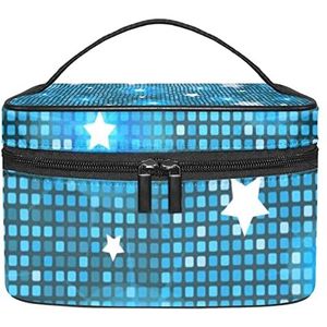 Abstract kristal kleurrijk polygoon patroon make-up tas voor vrouwen meisjes cosmetische tassen met handvat reizen make-up organizer tas, Glanzend sterren blauw geometrisch vierkant patroon, 8.9x5.9x5.4 Inches, Make-up zakje