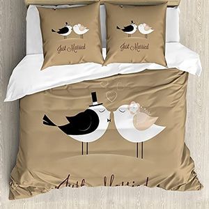 ABAKUHAUS Bruiloft Dekbedovertrekset, Just Married Birds Kus, Decoratieve 3-delige Bedset met 2 Sierslopen, 155 cm x 200 cm - 80 x 80 cm, Veelkleurig