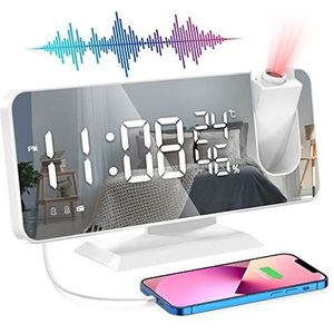 ShinePick Wekker met projectie, projectiewekker, radiowekker met projectie, 180 graden, 6 projectielichtingen, dubbel alarm, snooze, temperatuur en luchtvochtigheid, wit