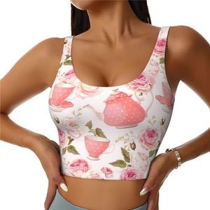Theekopjes met rozen romantische shabby print vrijetijdskleding vrouwen sportvest yoga vest workout vest voor vrouwen lichtgewicht trendy, Zwart, S