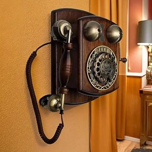 DAEOIBHJR Oude wandtelefoon, klassieke retro wandtelefoon met draaibare wijzerplaat, oude houten vaste telefoons in vintage stijl voor thuis en kantoor, rood