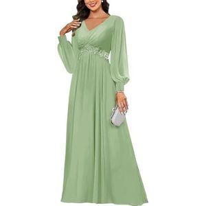 KIYNE Damesjurk met lange mouwen voor moeder van de bruid met kanten applicatie, V-hals, chiffon, formele feestjurk, Sage Groen, 34