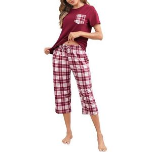 Reliwel Katoenen damespyjama voor de zomer, korte mouwen, geruit, 3/4, broek, nachtkleding, ronde hals, 2-delig, zacht, comfortabel, Donker rood, S
