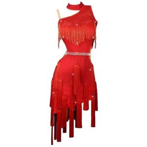 FZHQNZJF Mouwloos Balzaal Concurrentie Danskleding Kwast Latijns Dans Prestatie Jurken Rugloos Tango Cha Cha Rok Steentjes Dans Kleding voor Rumba Samba,Rood,L