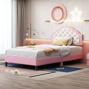 VSOGA Kinderbed, gestoffeerd bed, 90 x 200 cm, met lattenbodem, rugleuning, PU-leer, meisjesbed, roze (matras niet inbegrepen)