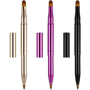 Dual End Lip Brush Concealer Borstels 3 Stuks Intrekbare Lipstick Oogschaduw Foundation Make-up Brush Tool Applicators Set (Goud, Zwart, Paars)