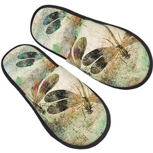 BONDIJ libelle libellen vintage print slippers zachte pluche huis slippers warme instappers gezellige indoor outdoor slippers voor vrouwen, Zwart, one size