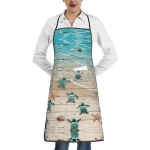 ZhaoYuGoods Tropische bloemenschorten met zakken voor vrouwen, stijlvolle kookschorten voor keuken, tuinieren, salon, ideale print schort, Zeeschildpad Zeester, Eén maat