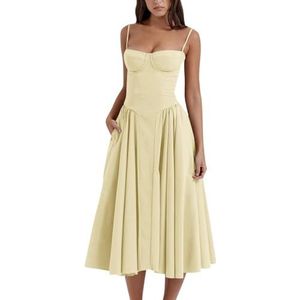 Spaghetti strap a line dress, Sexy Summer Dress for Women, Elegant Corset Fit Sleeveless Midi Dress, Pleated Party Dresses (M,Yellow)