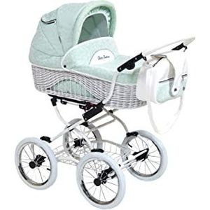 Fantasia Retro kinderwagen met handgemaakte wilgenen-babykuip White Mint BW-4 3-in-1 met babyzitje