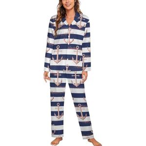 Retro Ankers Marine Vrouwen Lange Mouw Button Down Nachtkleding Zachte Nachtkleding Lounge Pyjama Set 2XL