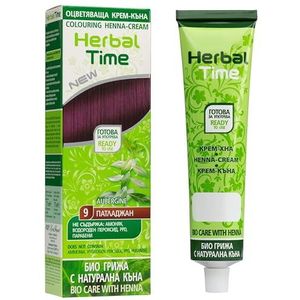Herbal Time Henna Natuurlijke Kleur Crème Aubergine Nº 9 | Henna Haar | Dekt Grijzen Haren | Tijdelijke Kleurstof Crème | Zonder Ammoniak, Sulfaten en Parabenen | 75ml