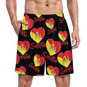 Vlag van Sicilië - Siciliaanse Trinacria grappige pyjama shorts voor mannen pyjamabroek heren nachtkleding met zakken zacht