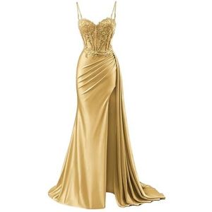 KURFACE Satijnen galajurken voor dames met split kant applicatie spaghettibandjes beroemdheden optocht jurk formele jurk, Goud, 32