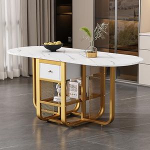 Crlnaup Inklapbare eettafel, uitbreidbare eettafel, multifunctioneel, uittrekbaar, met opbergruimte, koffie-vrijetijdstafel, met laden in 3 vormen, wit + goud