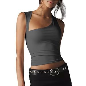 Asymmetrische Mouwloze Crop-tops voor Dames, Sexy Off-shoulder Tanktop, Casual Basisshirt(Color:Dark gray,Size:M)