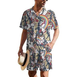 Eenhoorn Rijden Dinosaurus Heren Hawaiiaanse Pak Set 2-delig Strand Outfit Korte Mouw Shirt En Shorts Bijpassende Set